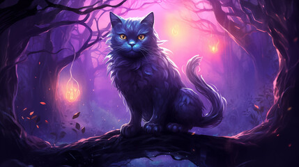 Gato místico na floresta roxa - Ilustração digital