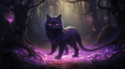 Gato místico na floresta roxa - Ilustração digital - obrazy, fototapety, plakaty