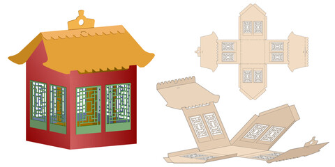 Model Gift Box of Tower, Castle, House for Sweets, Pagoda Chinese House, Surprises. Paper Laser Cutting Template. Die Cut Retail Packaging. No Glue Needed.