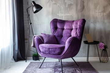 A luxurious purple armchair set against a moody backdrop, accented with dark drapes and stylish lighting for a dramatic effect.