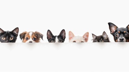 Diverse group of six pets peeking over a white banner. Studio pet portrait with copy space for design and print - obrazy, fototapety, plakaty