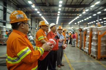 Industrial Safety Training Session in Progress with Workers Gathered Around a Demonstration on the Correct Use of Fire Extinguishers.