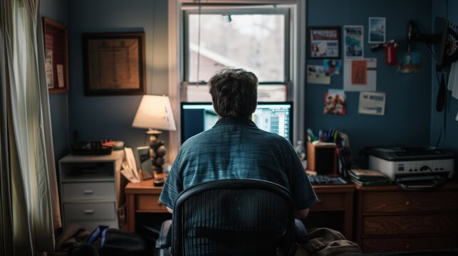 Back View Of Male Working At Home Office Setup With Dual Monitors. Home Workspace And Freelance Lifestyle Concept For Design And Print