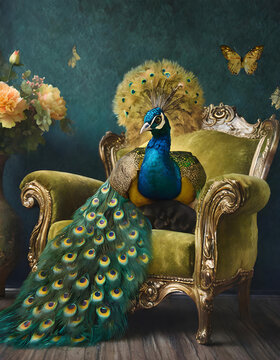 pfau, bohostyle, sessel, samt, gold, golden, gr&uuml;n, bunt, farbenfroh, bohemian, glamour, neu, modern, close up, copy space