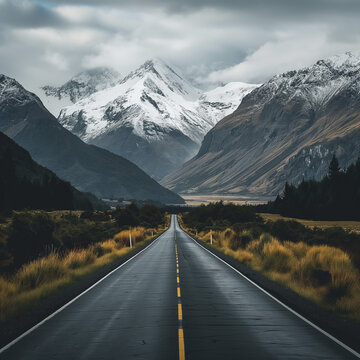 Long straight road going to mountains, Portrait shot of mountains from road for background wallpaper