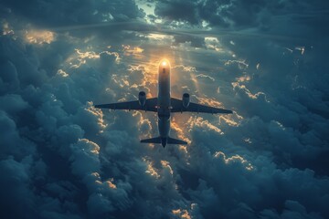 An aerial view of a commercial plane flying above a dramatic storm cloud formation, highlighting the power and beauty of aviation - obrazy, fototapety, plakaty