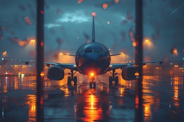 A commercial jet is captured at night under the rain at the airport, with reflections on the wet...
