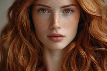 Naklejka premium Intense intimate portrait of a woman with hypnotic green eyes and lush red hair