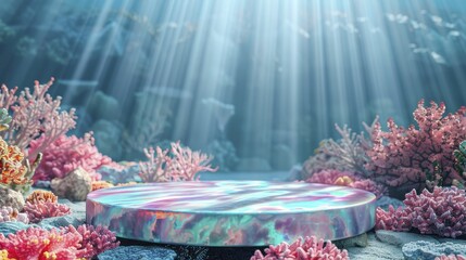 Iridescent Mother of Pearl Podium, front view focus, with a Tropical Coral Reef Background, ideal for marine inspired jewelry product displays.