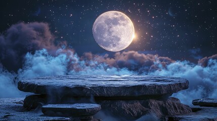 A captivating display featuring a Luminous Moonstone Podium against a Mystical Night Sky Background, perfect for showcasing astrology products.