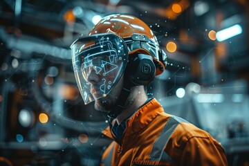 Innovative Wearable Technology in Industrial Safety: A Worker Equipped with a Smart Helmet Featuring Built-In Augmented Reality (AR) for Enhanced Safety and Efficiency on the Job.
