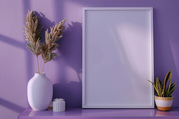Against a tranquil purple wall, an empty blank frame mockup invites contemplation and reflection....