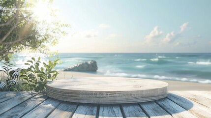 Elegant Scandinavian product showcase podium against a stunning Nordic beach backdrop, emphasizing minimalist design.
