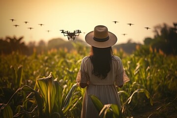 A remote control woman controls a drone on a field. The concept of modern technologies in agricultural business
