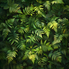 A cluster of green ostrich fern leaves stands out against the dark background, creating a striking contrast in the natural landscape