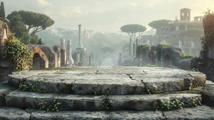 An Old World Stone Podium in the foreground against an Ancient Roman Forum backdrop, perfect for showcasing classical sculptures and historical products. - obrazy, fototapety, plakaty
