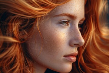 Side profile shot of a woman with vivid red hair against a contrasting blue backdrop, evoking deep thought - obrazy, fototapety, plakaty