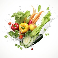 Flying organic food with water splash. Food illustration different vegetables and water splash on isolated white background. 3d illustration.