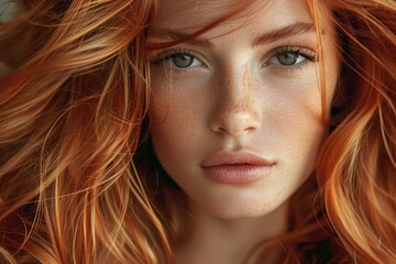 A vivid portrait showcasing a redhead woman's intense gaze and beautiful freckled face, radiating self-assurance