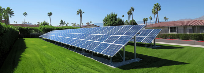 Solar panels arranged in a row on a vibrant green lawn, harnessing the light from the sky to...