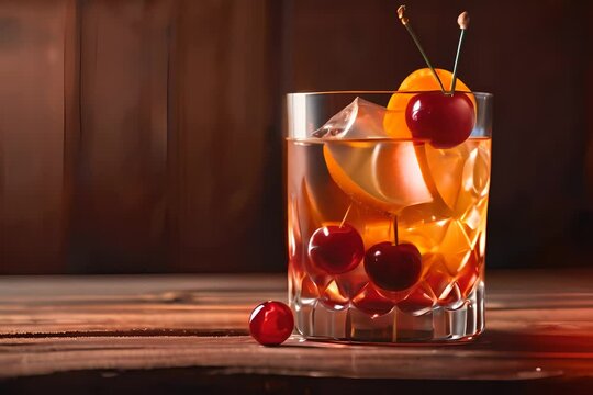 Vintage cocktail drink with fresh orange and cherry fruit on the table.