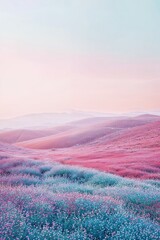 Pink abstract background, pink and blue hills, fields of grass, fading into the background,...