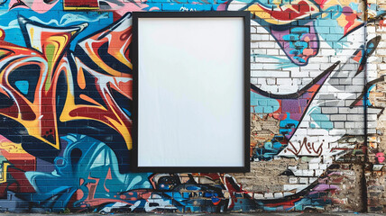 A blank frame mockup hanging on a wall covered in a mural of vibrant street art, showcasing urban creativity