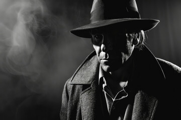 A figure in a fedora hat and a trench coat, shrouded in shadows. The lighting suggests mystery and intrigue, typical of a noir film character - obrazy, fototapety, plakaty