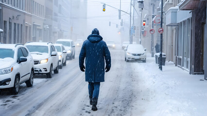 Winter's Wrath: Man Battling the Snowstorm. generative AI - obrazy, fototapety, plakaty
