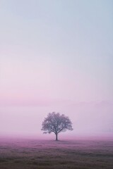 Naklejka premium Pink abstract background with tree, pink and blue hills, fields of grass, fading, backdrop style artwork, pale sky, fields of color. Concept of minimalism, perfect for design backdrop 