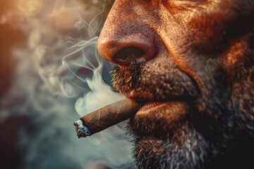 A close-up portrait of a man smoking a cigar, with a smirk on his face. The expression and cigar are often associated with a boss-like or authoritative figure