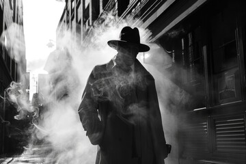 A black and white image focusing on a man in a trench coat and fedora, shrouded in smoke, which adds to the intrigue and atmosphere of the noir genre.