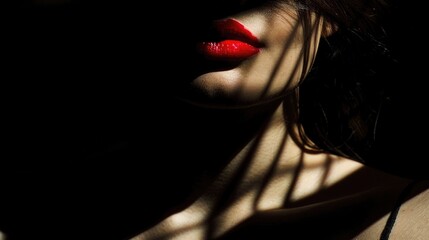 A woman partially in shadow, her red lips the focal point of the image, embodies a femme fatale character. Her anonymity and the dark ambiance create an aura of mystery and allure
