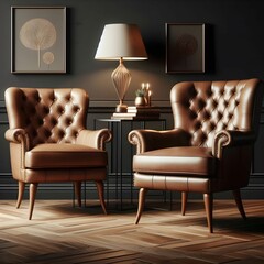 Two chairs with lamp in room