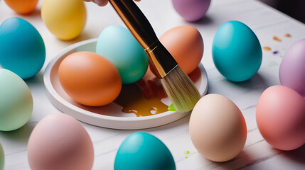 Close up shot of beautiful woman painting eggs by paint that for Easter festival. Preparation for...