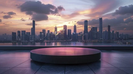 Deurstickers Enhance your product showcase with an Ultra Modern Matte Black Podium set against a Dynamic Urban Skyline Background. © Kanisorn