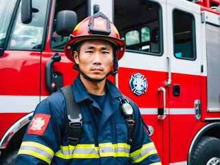 Hero in Uniform: Asian Firefighter by Fire Truck. generative AI