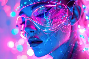 a person with an ethereal, futuristic look, illuminated with vibrant blue and pink lighting, which gives them a very modern, stylized appearance possibly representing a cyborg