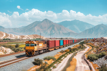 Freight train carrying cargo containers by railway. Cargo containers shipping transportation. Distribution and freight transportation using railroads. Logistics, international trade. - obrazy, fototapety, plakaty