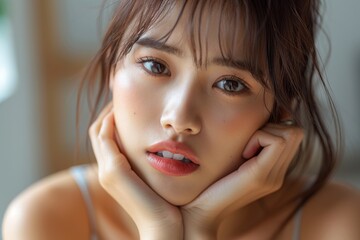 A striking portrait of a young woman with hands on her cheeks, her gaze reflecting a mix of curiosity and pensiveness - obrazy, fototapety, plakaty