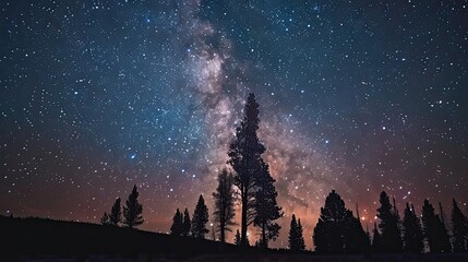 a blue dark night sky adorned with countless stars, stretching over a vast field of trees in Park, with the Milky Way galaxy painting the celestial canvas in the background.