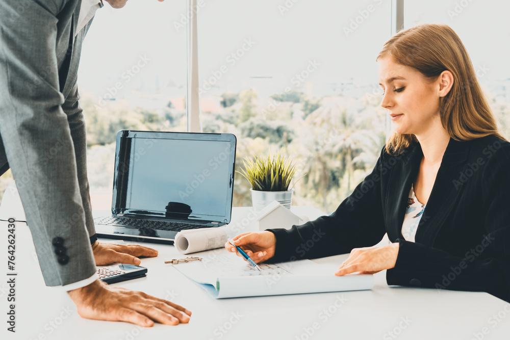 Poster architect and engineer working with construction drawing project on table in office. architecture an