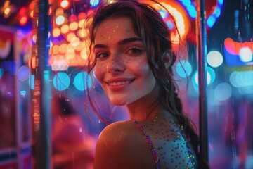 A vibrant portrait of a smiling woman with glitter makeup, illuminated by bright, colorful neon lights at night