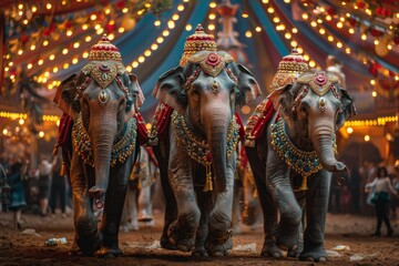 Fototapeta premium Decorated elephants stand under circus lights, offering a spectacular view for a festive or carnival backdrop