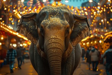 A close and personal portrait of a decorated elephant with a touch of glitter, reflecting the festive spirit