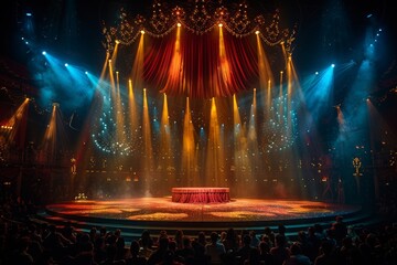 An empty and atmospheric circus ring, compelling with dramatic lighting and anticipation of the performance - obrazy, fototapety, plakaty
