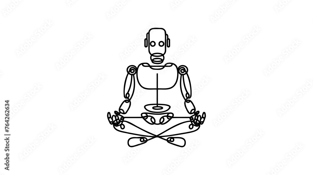 Poster continuous one line drawing sitting robot. metal computer man or cyborgs. friendly mechanism. single