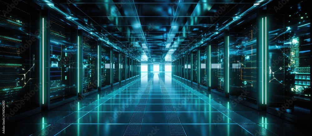 Poster the image depicts an extended hallway lined with multiple servers and illuminated by numerous bright