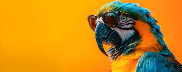 Scarlet Parrot Donning Sunglasses in Vibrant Summer Setting - obrazy, fototapety, plakaty