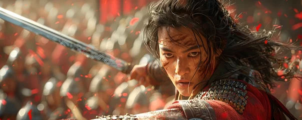 Deurstickers Heroic Chinese Swordsman Engaged in a Fierce Battle in an Ancient Setting © Thanaphon